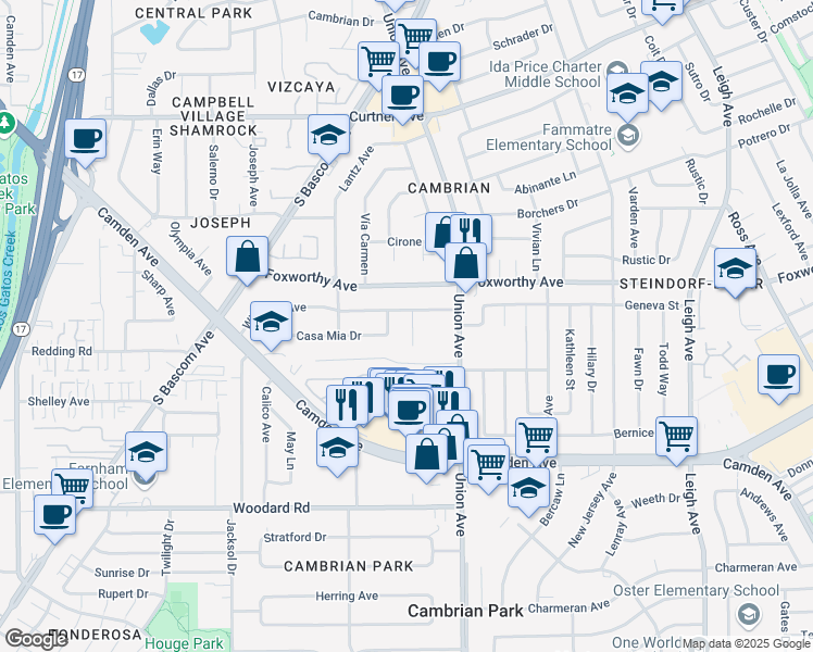 map of restaurants, bars, coffee shops, grocery stores, and more near 3143 Trinity Place in San Jose