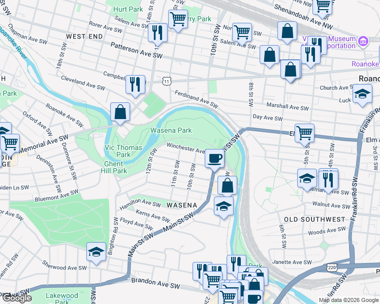 map of restaurants, bars, coffee shops, grocery stores, and more near 1010 Winchester Avenue Southwest in Roanoke