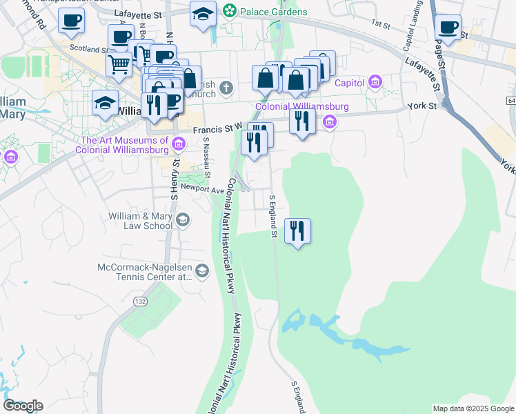 map of restaurants, bars, coffee shops, grocery stores, and more near 111 Williamsburg Avenue in Williamsburg