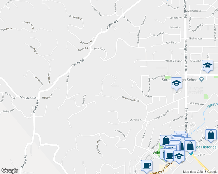 map of restaurants, bars, coffee shops, grocery stores, and more near 21100 Saratoga Hills Road in Saratoga