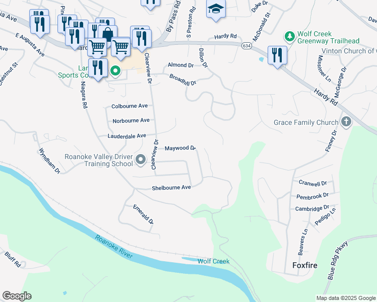 map of restaurants, bars, coffee shops, grocery stores, and more near 1073 Maywood Drive in Vinton