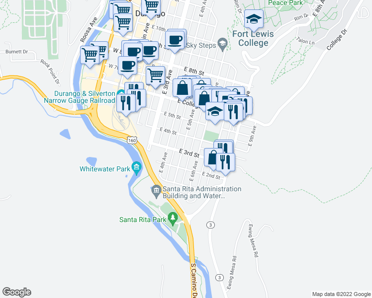 map of restaurants, bars, coffee shops, grocery stores, and more near 511 East 3rd Street in Durango