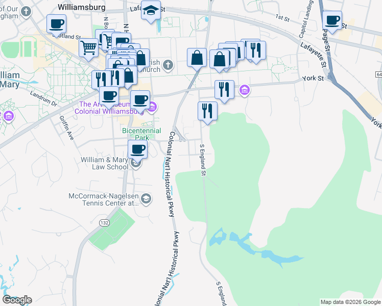 map of restaurants, bars, coffee shops, grocery stores, and more near 442 Tyler Street in Williamsburg