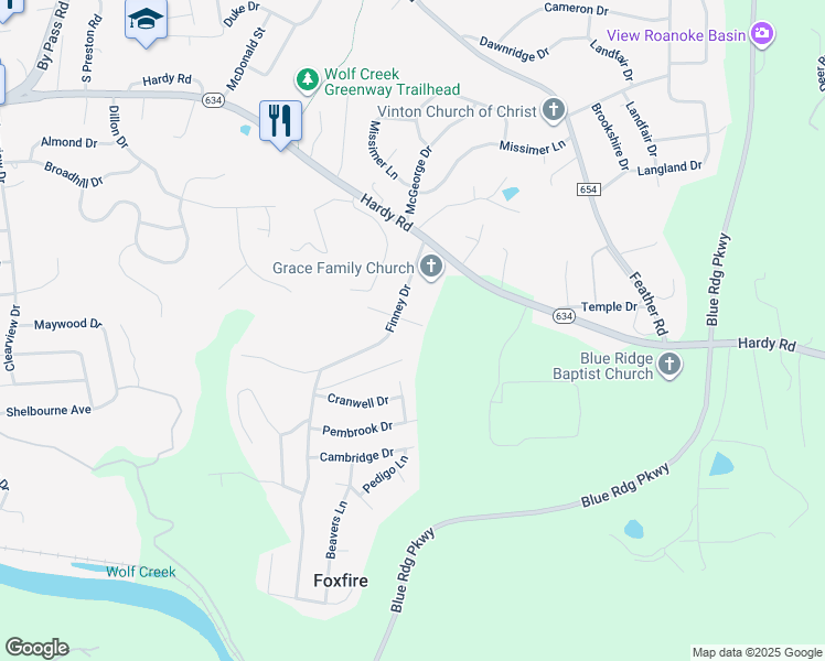 map of restaurants, bars, coffee shops, grocery stores, and more near 1518 Muse Drive in Vinton