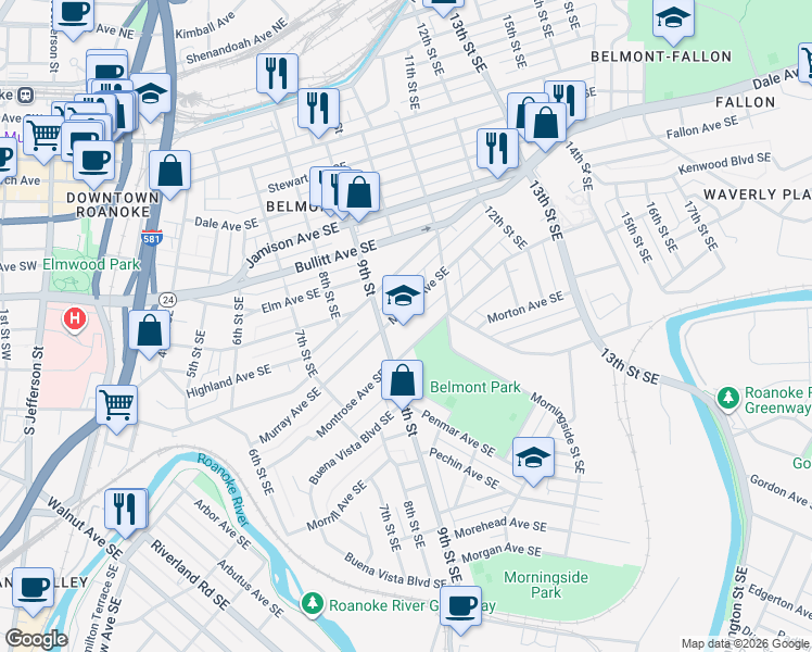 map of restaurants, bars, coffee shops, grocery stores, and more near 1004 Montrose Avenue Southeast in Roanoke