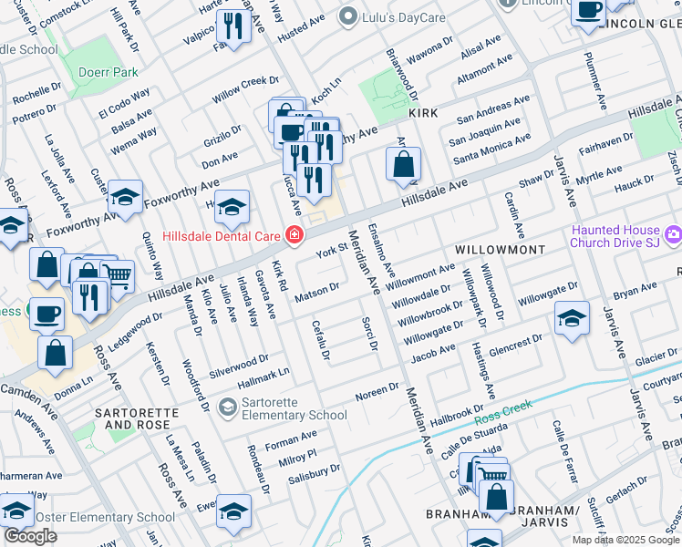 map of restaurants, bars, coffee shops, grocery stores, and more near 1623 Matson Drive in San Jose