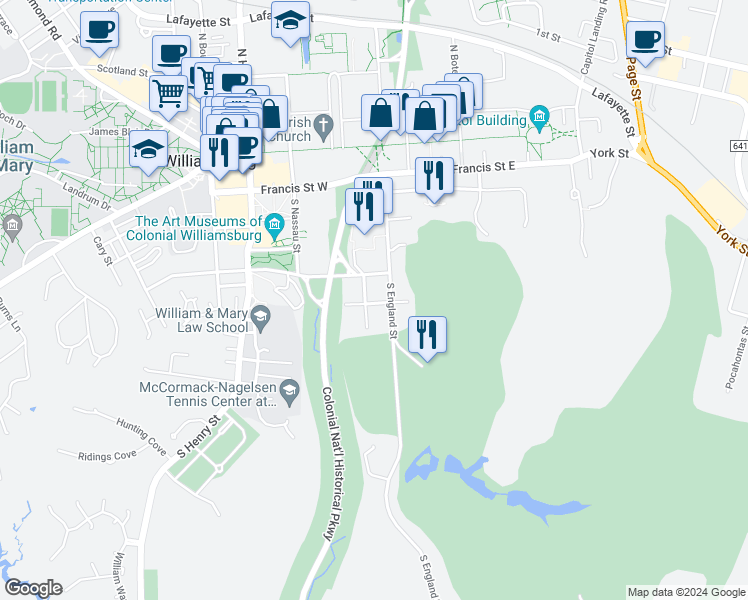 map of restaurants, bars, coffee shops, grocery stores, and more near 107 Corson Way in Williamsburg