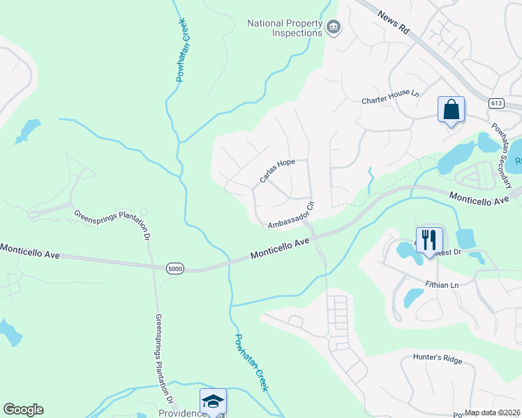 map of restaurants, bars, coffee shops, grocery stores, and more near 4187 Ambassador Circle in Williamsburg