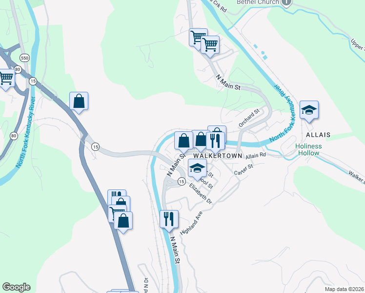 map of restaurants, bars, coffee shops, grocery stores, and more near 101 Mc Kinney Court in Hazard