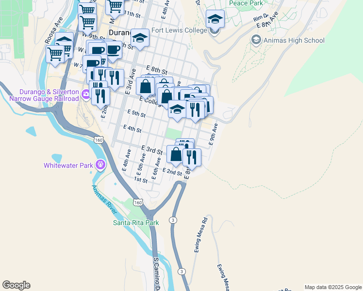 map of restaurants, bars, coffee shops, grocery stores, and more near 364 East 7th Avenue in Durango