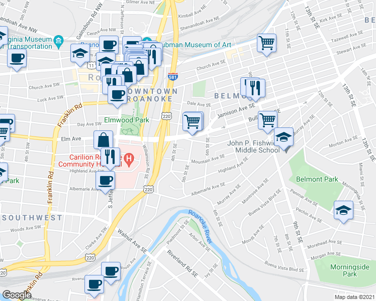 map of restaurants, bars, coffee shops, grocery stores, and more near 811 5th Street Southeast in Roanoke