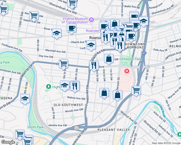 map of restaurants, bars, coffee shops, grocery stores, and more near 305 Mountain Avenue Southwest in Roanoke