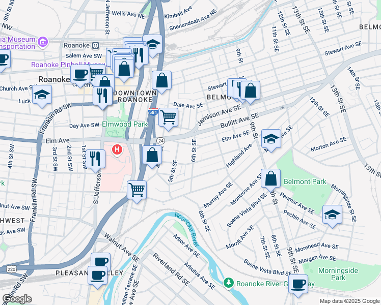 map of restaurants, bars, coffee shops, grocery stores, and more near 811 6th Street Southeast in Roanoke