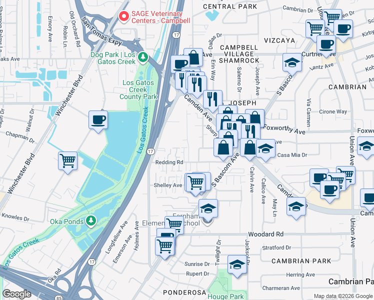 map of restaurants, bars, coffee shops, grocery stores, and more near 173 Redding Road in Campbell