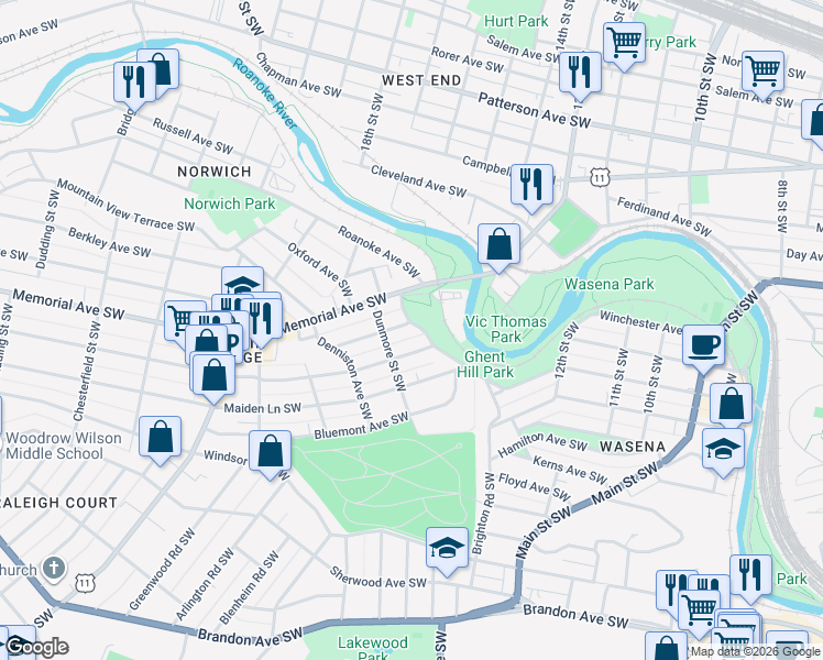 map of restaurants, bars, coffee shops, grocery stores, and more near 1502 Hampton Avenue Southwest in Roanoke