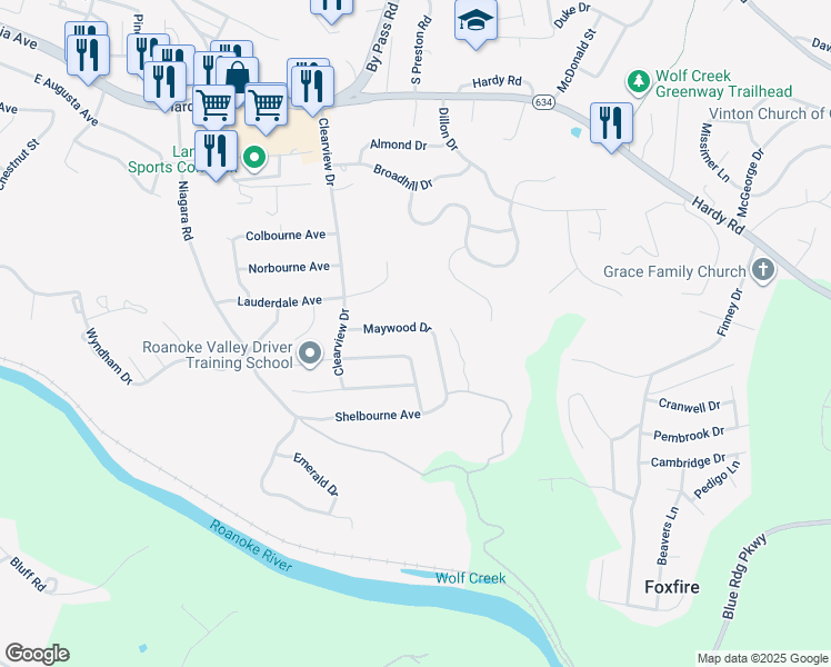 map of restaurants, bars, coffee shops, grocery stores, and more near 1073 Maywood Drive in Vinton