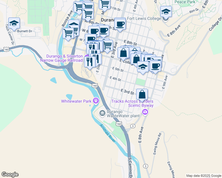 map of restaurants, bars, coffee shops, grocery stores, and more near 400-448 East 3rd Street in Durango