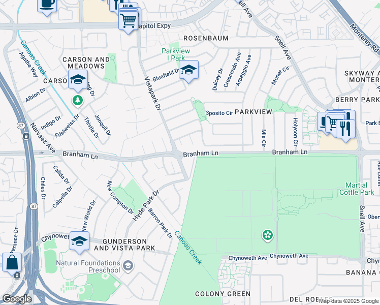 map of restaurants, bars, coffee shops, grocery stores, and more near 362 Sunpark Court in San Jose