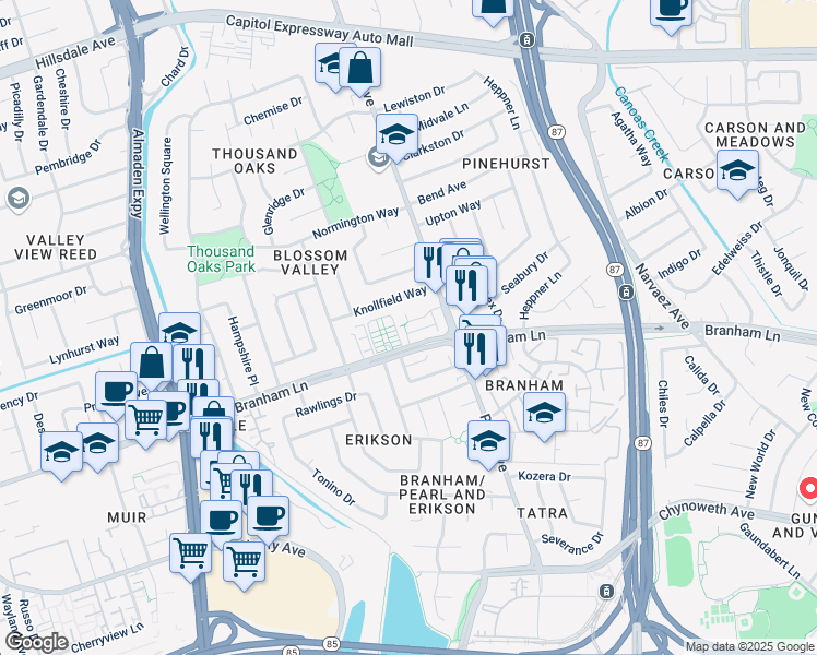 map of restaurants, bars, coffee shops, grocery stores, and more near 872 Canfield Court in San Jose
