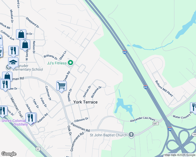 map of restaurants, bars, coffee shops, grocery stores, and more near 1157 Duncan Drive in Williamsburg