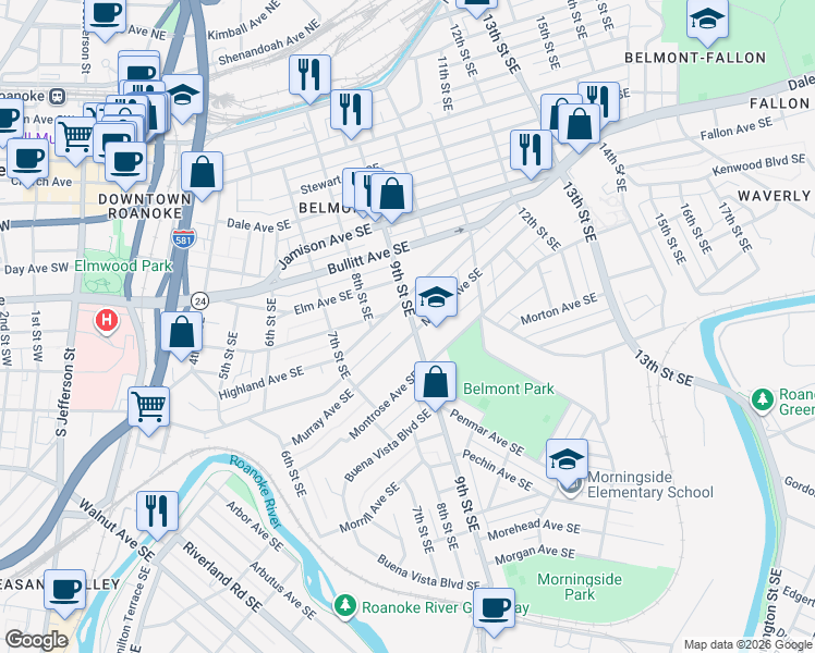 map of restaurants, bars, coffee shops, grocery stores, and more near 917 9th Street Southeast in Roanoke
