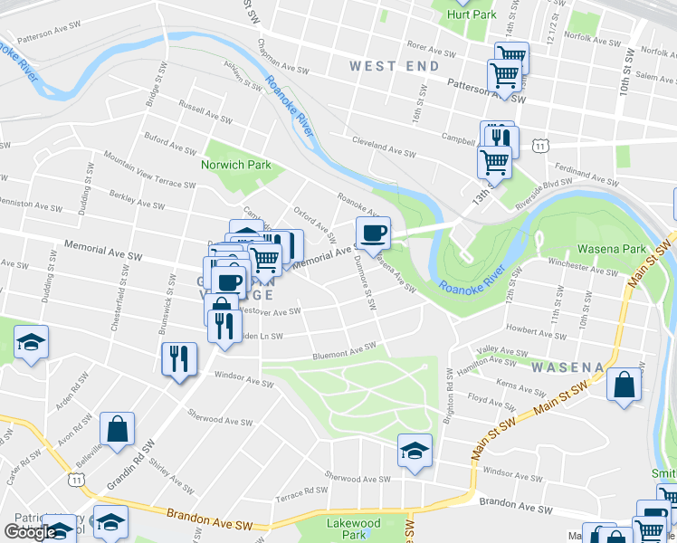 map of restaurants, bars, coffee shops, grocery stores, and more near 1631-1635 Hampton Avenue Southwest in Roanoke