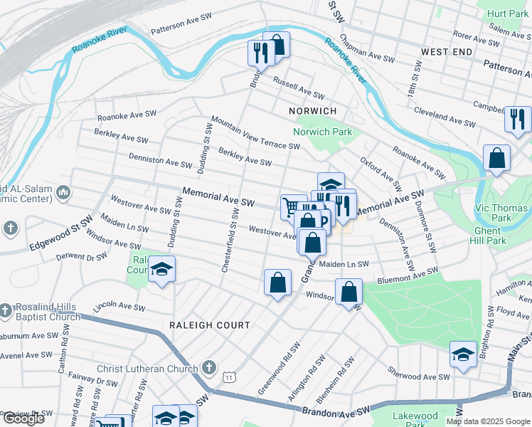 map of restaurants, bars, coffee shops, grocery stores, and more near 2102 Memorial Avenue Southwest in Roanoke