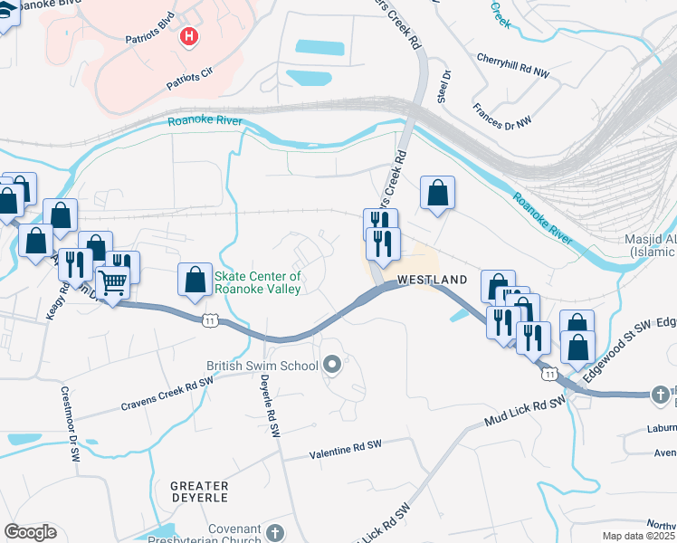 map of restaurants, bars, coffee shops, grocery stores, and more near 3780 Stratford Park Drive Southwest in Roanoke