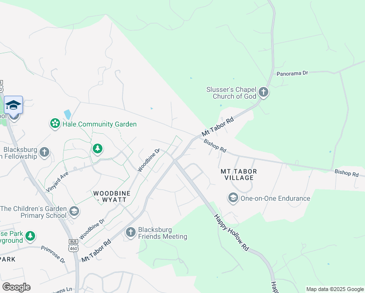 map of restaurants, bars, coffee shops, grocery stores, and more near 1100 Cottonwood Drive in Blacksburg