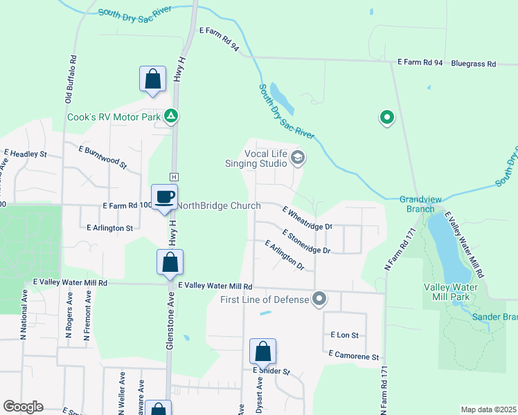 map of restaurants, bars, coffee shops, grocery stores, and more near 1824 East Wheatridge Drive in Springfield
