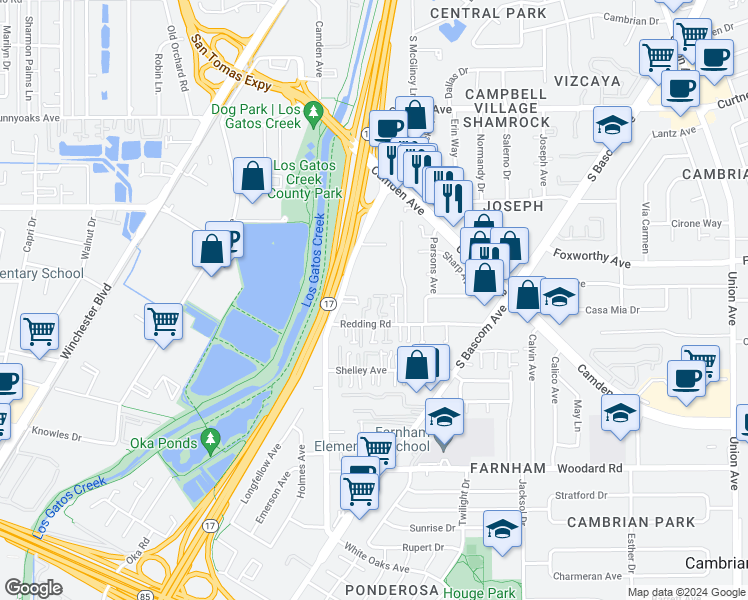 map of restaurants, bars, coffee shops, grocery stores, and more near 127 Redding Road in Campbell