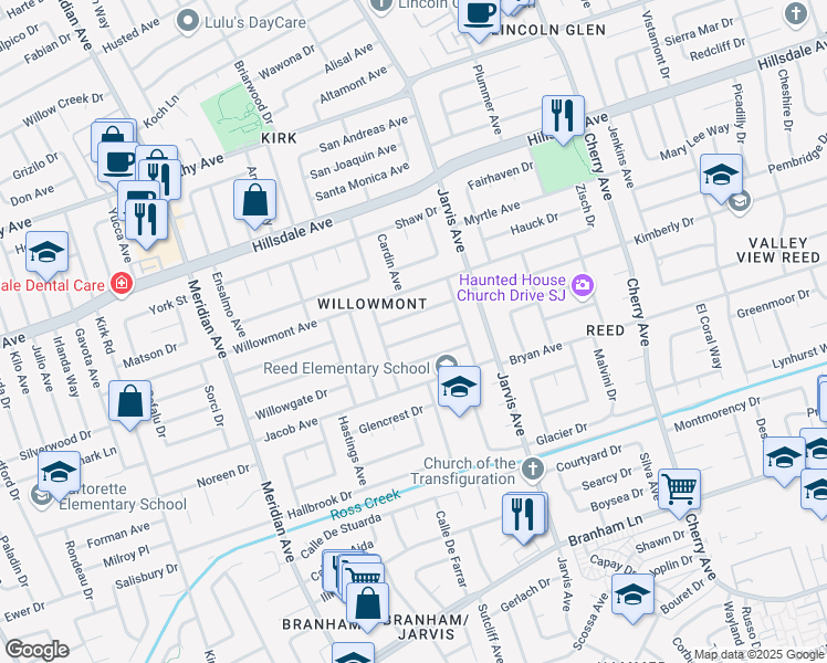 map of restaurants, bars, coffee shops, grocery stores, and more near 1533 Willowbrook Drive in San Jose