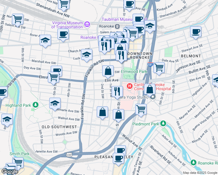 map of restaurants, bars, coffee shops, grocery stores, and more near 101 Mountain Avenue Southwest in Roanoke