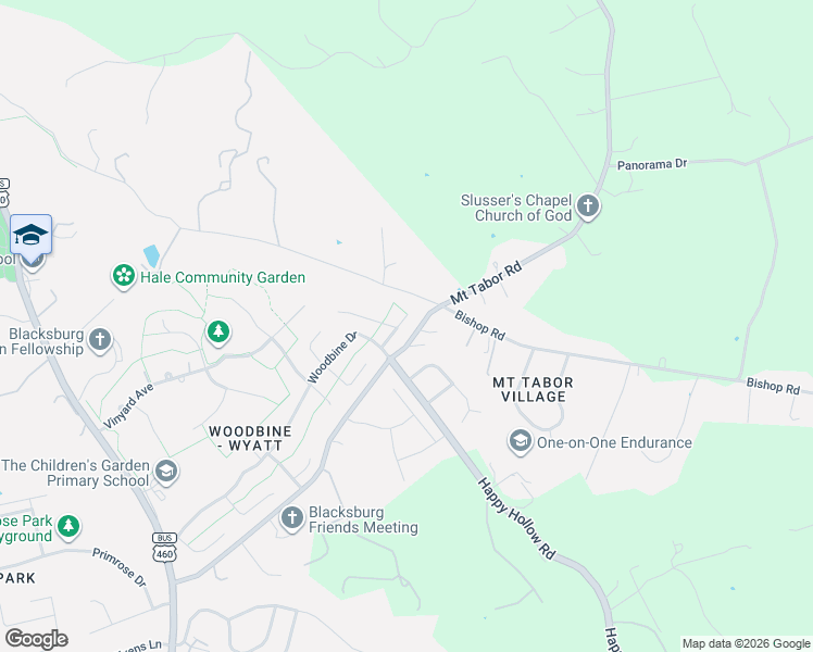 map of restaurants, bars, coffee shops, grocery stores, and more near 1100 Cottonwood Drive in Blacksburg