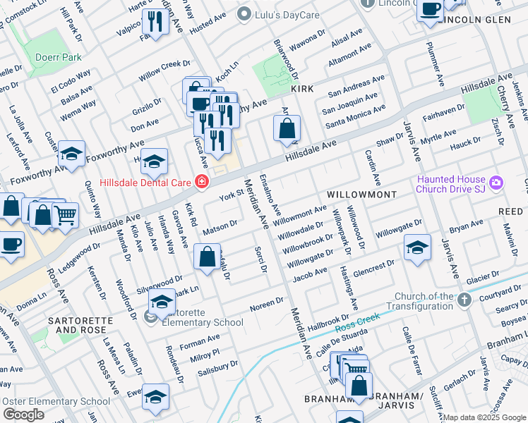 map of restaurants, bars, coffee shops, grocery stores, and more near 3450 Meridian Ave in San Jose