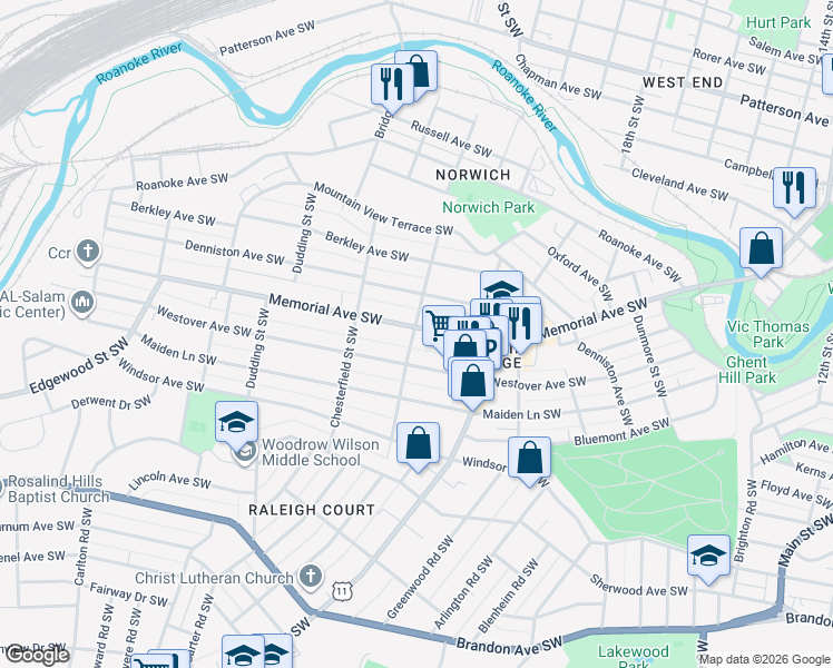 map of restaurants, bars, coffee shops, grocery stores, and more near 2060 Memorial Avenue Southwest in Roanoke