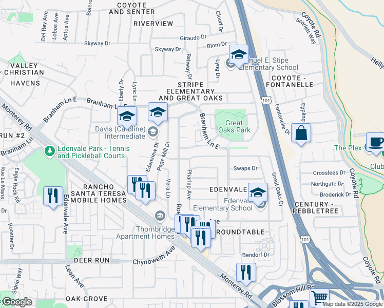map of restaurants, bars, coffee shops, grocery stores, and more near 305 Grey Ghost Avenue in San Jose
