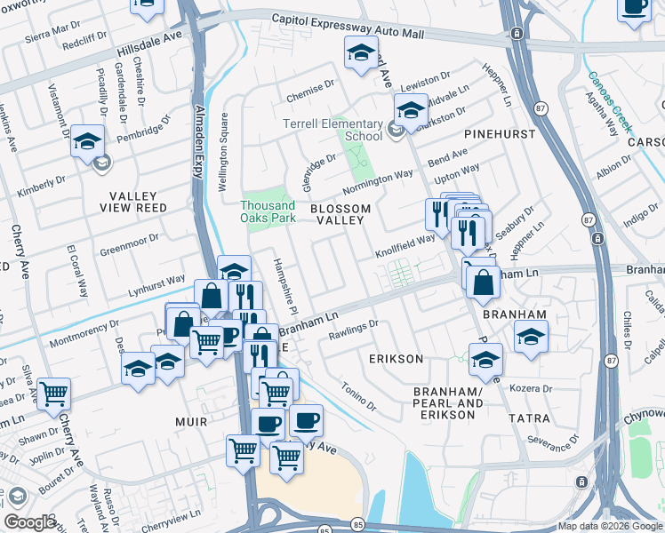 map of restaurants, bars, coffee shops, grocery stores, and more near 4375 Glenpark Drive in San Jose