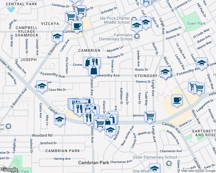 map of restaurants, bars, coffee shops, grocery stores, and more near 3121 Browning Avenue in San Jose