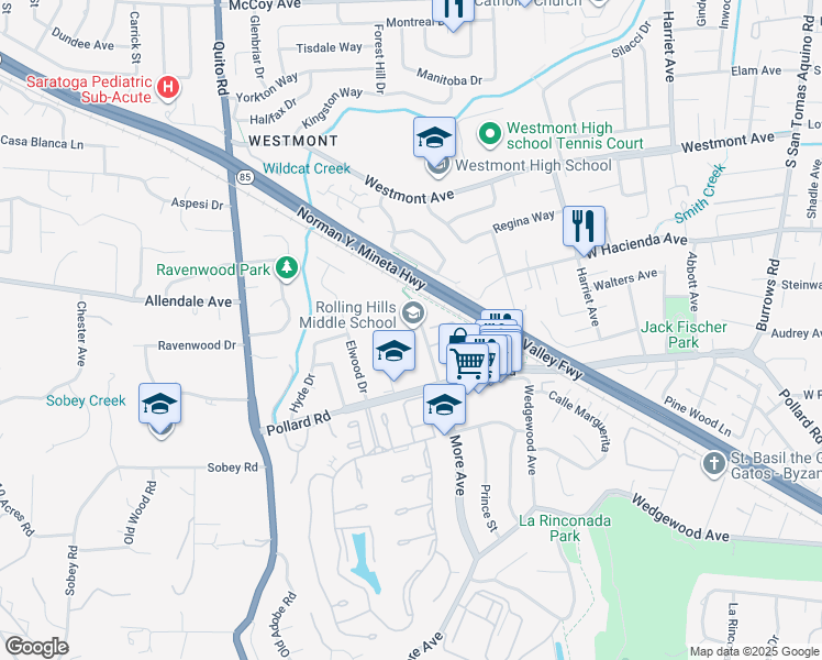 map of restaurants, bars, coffee shops, grocery stores, and more near 1585 More Avenue in Los Gatos