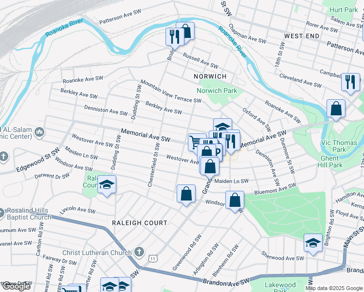 map of restaurants, bars, coffee shops, grocery stores, and more near 2102 Memorial Avenue Southwest in Roanoke