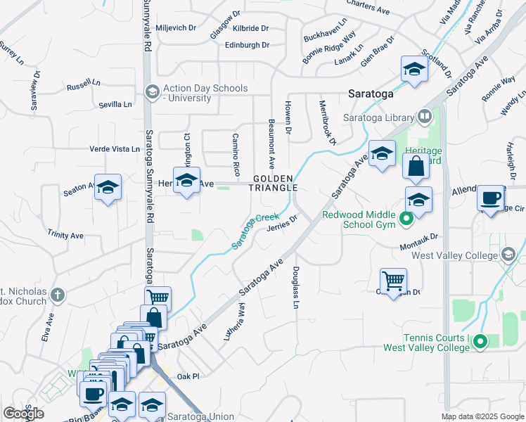 map of restaurants, bars, coffee shops, grocery stores, and more near 13891 River Ranch Circle in Saratoga