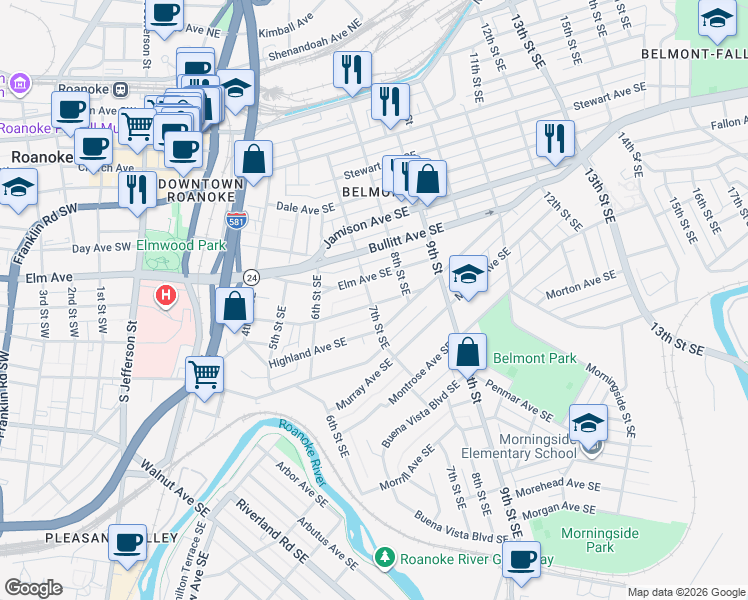 map of restaurants, bars, coffee shops, grocery stores, and more near 702 Mountain Avenue Southeast in Roanoke