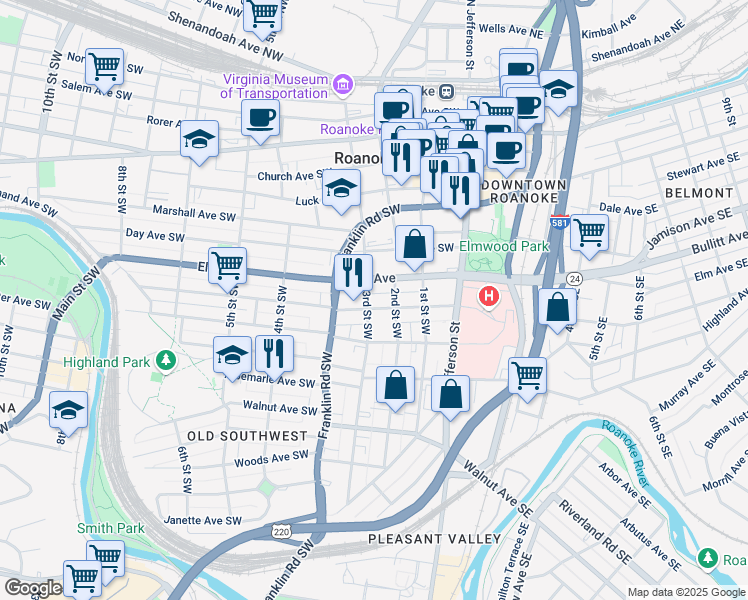 map of restaurants, bars, coffee shops, grocery stores, and more near 207 Mountain Avenue Southeast in Roanoke