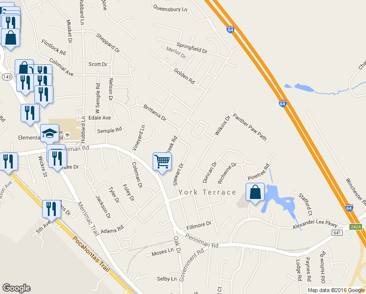 map of restaurants, bars, coffee shops, grocery stores, and more near 1095 Stewart Drive in Williamsburg