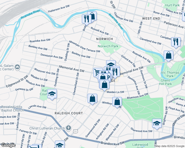 map of restaurants, bars, coffee shops, grocery stores, and more near 2058 Memorial Avenue Southwest in Roanoke