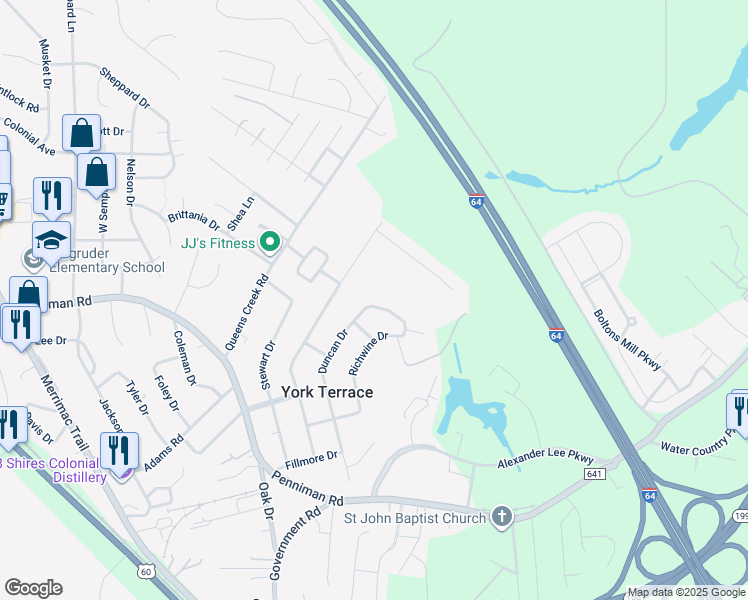 map of restaurants, bars, coffee shops, grocery stores, and more near 1157 Duncan Drive in Williamsburg