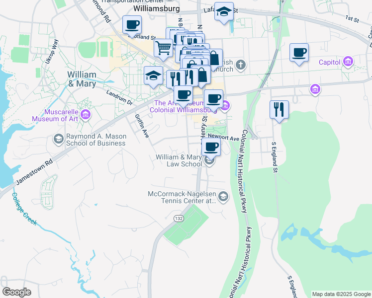 map of restaurants, bars, coffee shops, grocery stores, and more near 508 South Boundary Street in Williamsburg