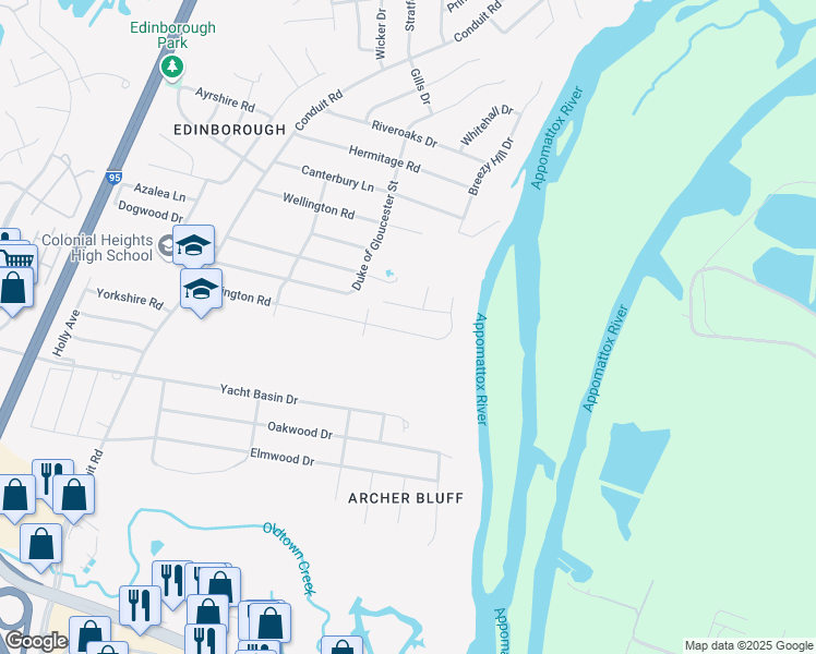 map of restaurants, bars, coffee shops, grocery stores, and more near 1308 Covington Road in Colonial Heights