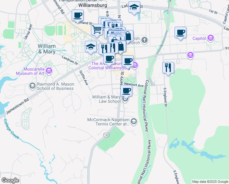 map of restaurants, bars, coffee shops, grocery stores, and more near 509 South Boundary Street in Williamsburg
